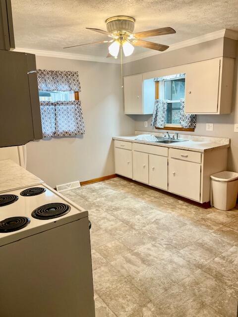 kitchen with white range with electric cooktop, ceiling fan, and white cabinets