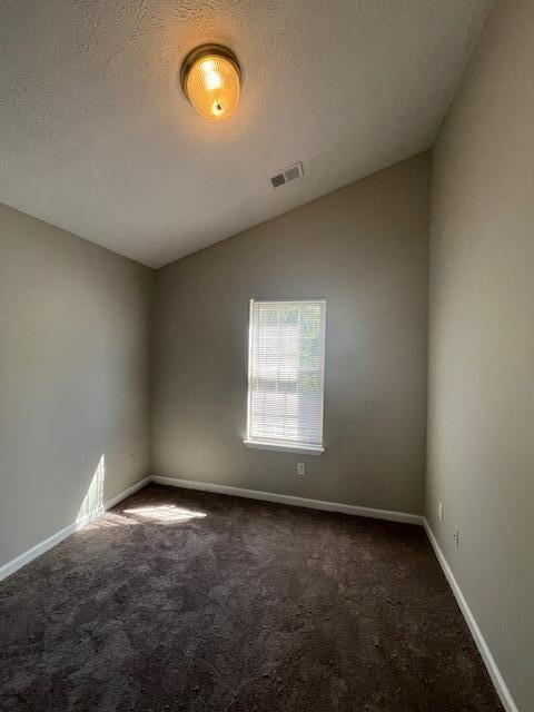 empty room with a textured ceiling, vaulted ceiling, and dark colored carpet