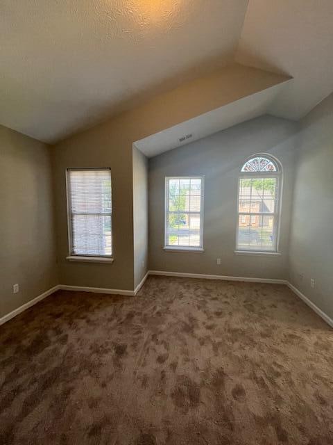 carpeted spare room with a textured ceiling and vaulted ceiling