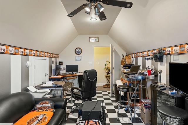 office area with ceiling fan and vaulted ceiling