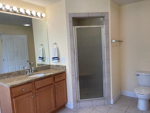 bathroom with tile patterned flooring, vanity, toilet, and walk in shower