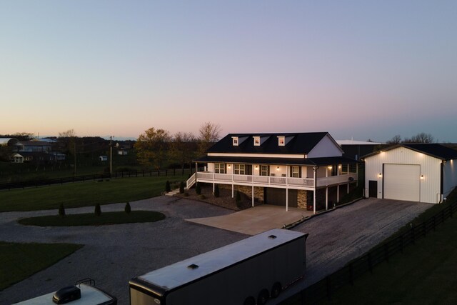 view of aerial view at dusk