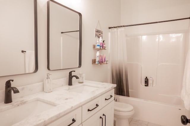 full bath featuring toilet, a sink, double vanity, and shower / bath combo with shower curtain