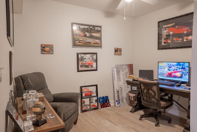 office with wood finished floors and ceiling fan
