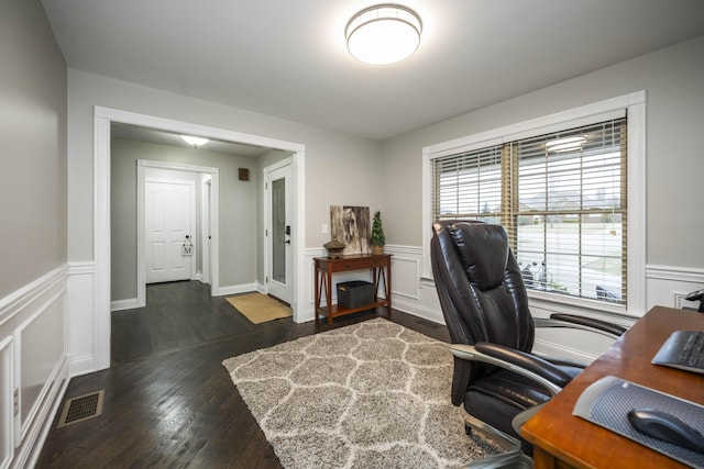 office area with dark hardwood / wood-style flooring