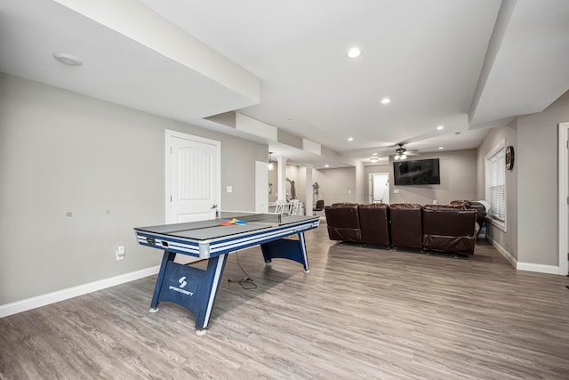 rec room featuring hardwood / wood-style flooring and ceiling fan