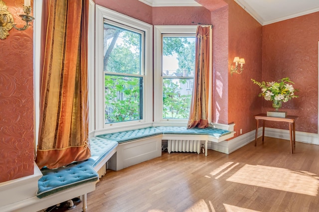 unfurnished room featuring light hardwood / wood-style floors, ornamental molding, and radiator