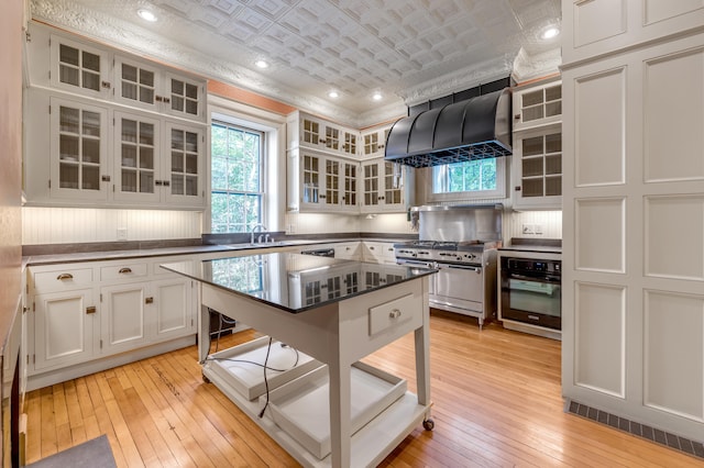 kitchen featuring appliances with stainless steel finishes, light wood-type flooring, a center island, and custom range hood