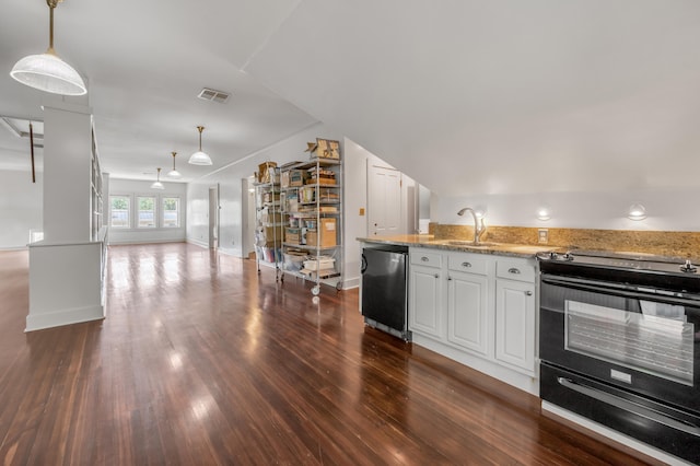 kitchen with dishwasher, black range with electric cooktop, dark hardwood / wood-style flooring, pendant lighting, and white cabinets