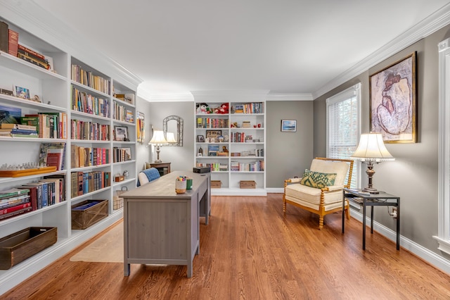 office featuring ornamental molding and light wood-type flooring