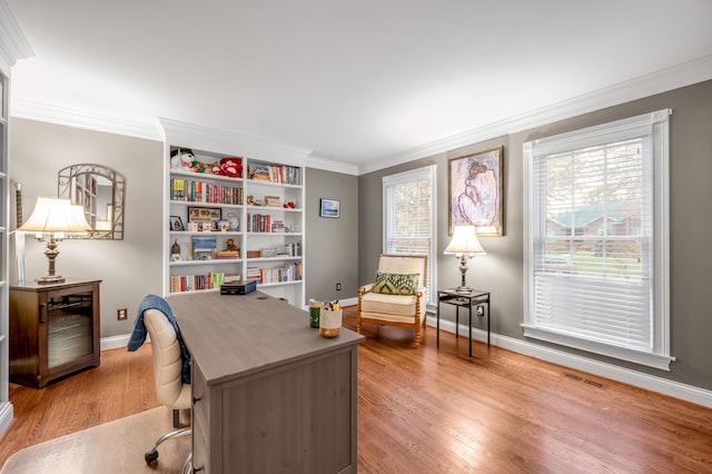 office with crown molding and light hardwood / wood-style floors