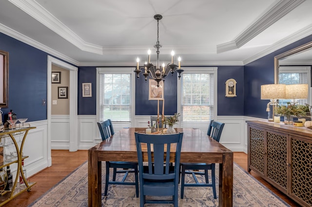 dining room with crown molding, wood-type flooring, an inviting chandelier, and a tray ceiling