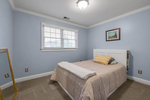 carpeted bedroom featuring crown molding