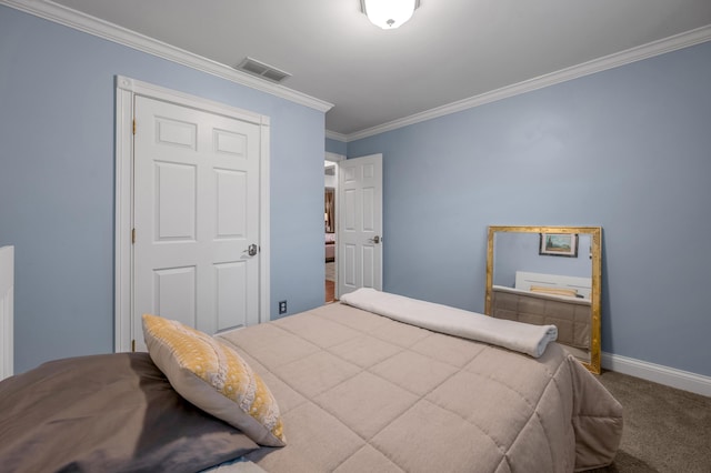 carpeted bedroom with crown molding