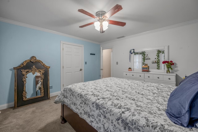 bedroom featuring crown molding, light carpet, and ceiling fan