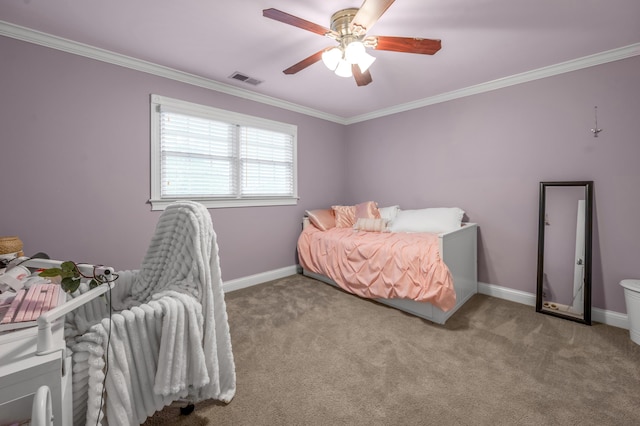 bedroom with crown molding, light carpet, and ceiling fan