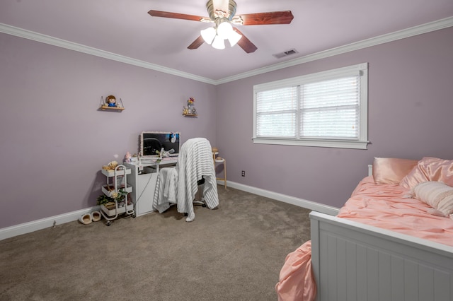 carpeted bedroom with crown molding and ceiling fan