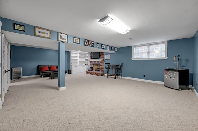 carpeted home office with built in features and a fireplace