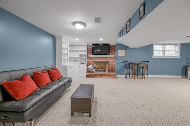 carpeted living room featuring a fireplace and built in features