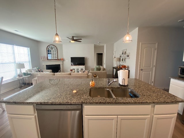 kitchen featuring dishwasher, wood-type flooring, white cabinets, and sink