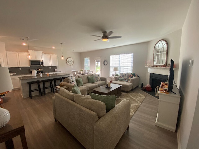 living room featuring dark hardwood / wood-style flooring and ceiling fan