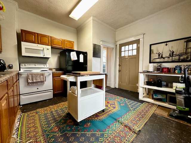 kitchen featuring a textured ceiling, white appliances, and ornamental molding