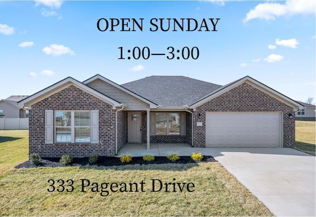 ranch-style house featuring a front yard, an attached garage, brick siding, and driveway