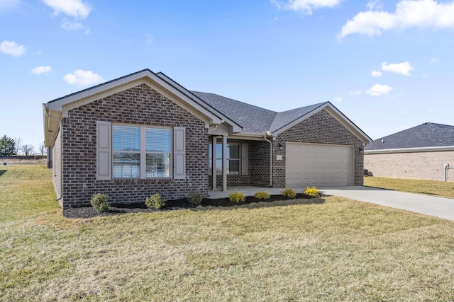 ranch-style house with a garage, driveway, brick siding, and a front yard