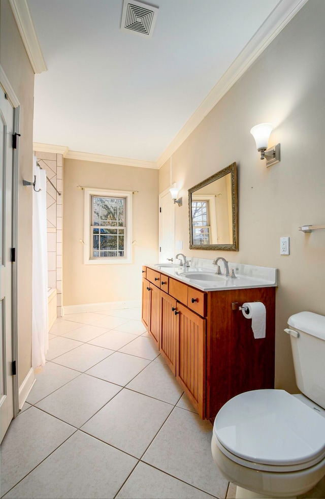 full bathroom with tile patterned flooring, vanity, toilet, and ornamental molding