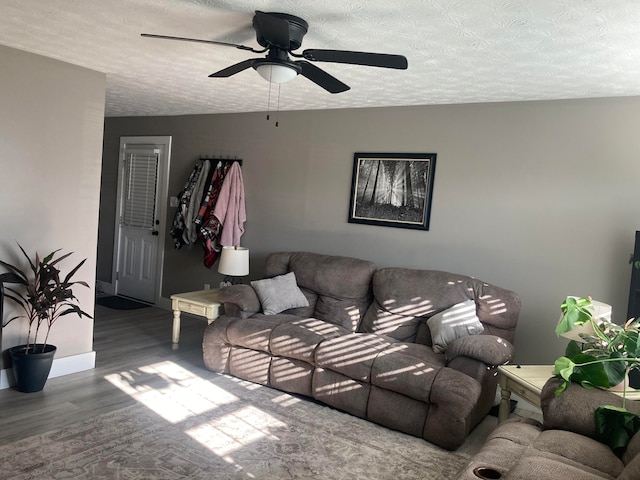 living room featuring hardwood / wood-style floors, ceiling fan, and a textured ceiling