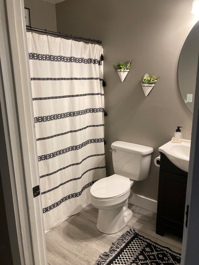 bathroom with vanity, toilet, and wood-type flooring