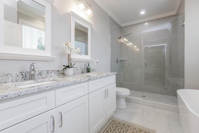 full bathroom with vanity, crown molding, plus walk in shower, and toilet