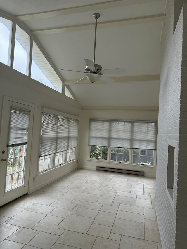 unfurnished sunroom with a brick fireplace, vaulted ceiling with beams, baseboard heating, and ceiling fan