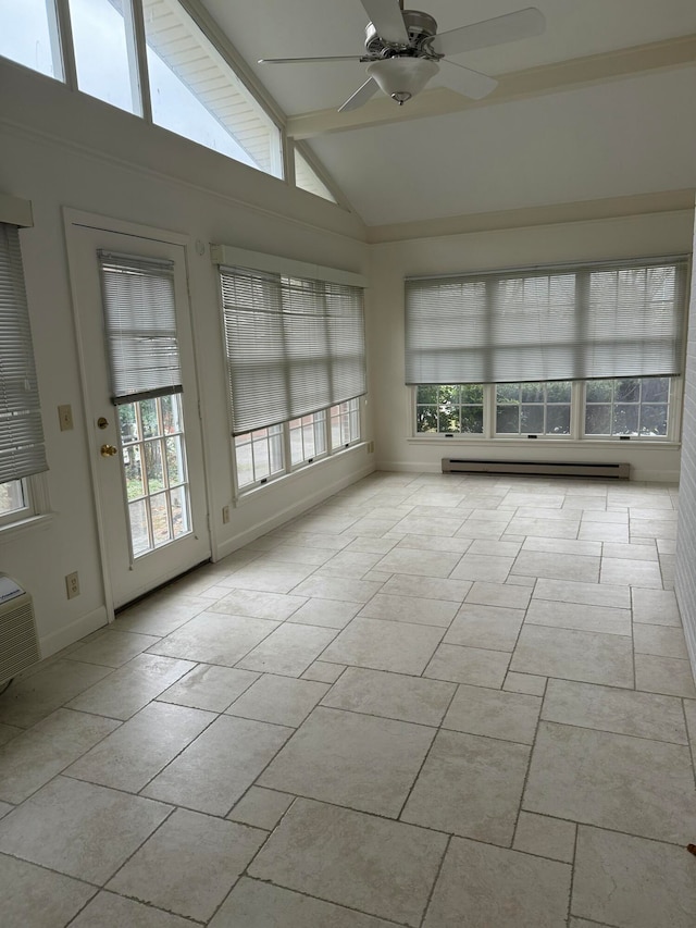 unfurnished sunroom featuring baseboard heating, ceiling fan, and lofted ceiling