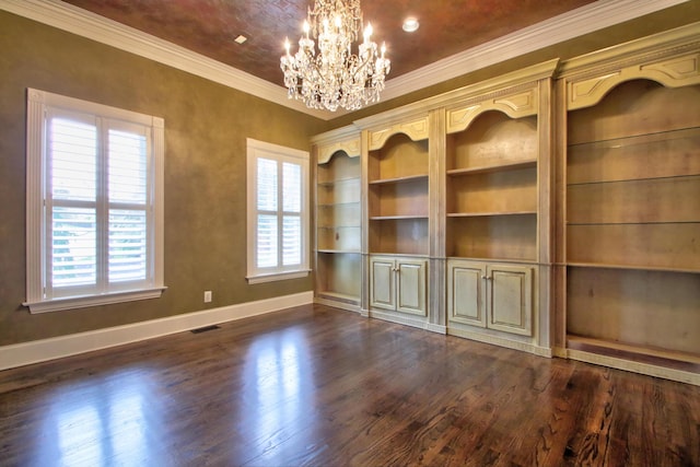 interior space featuring dark wood-type flooring, crown molding, and a chandelier