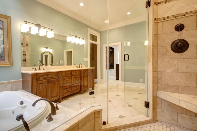 bathroom with tile patterned flooring, ornamental molding, vanity, and plus walk in shower