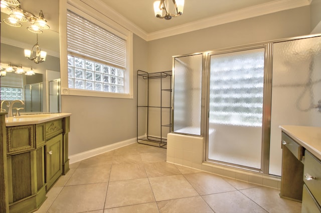 bathroom featuring a notable chandelier, plenty of natural light, crown molding, and tile patterned flooring