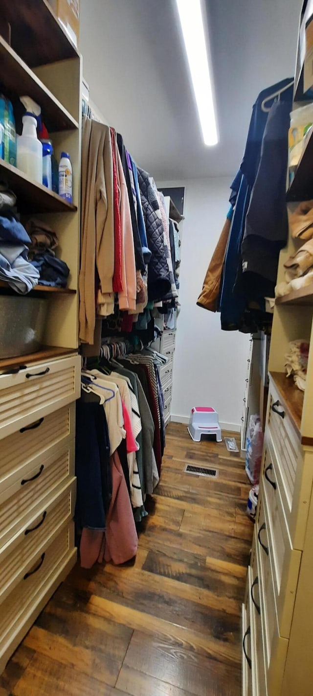 walk in closet with dark hardwood / wood-style floors