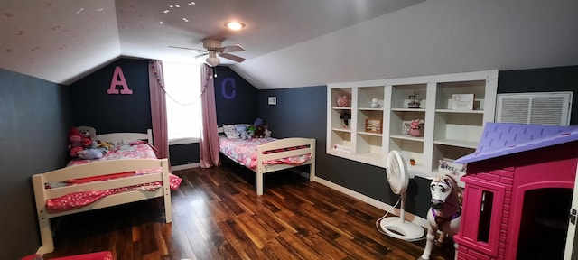 bedroom featuring dark hardwood / wood-style floors, ceiling fan, and lofted ceiling