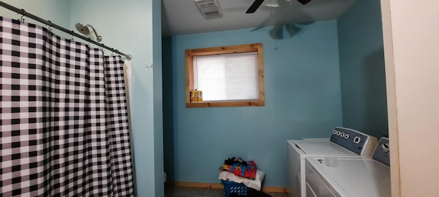 laundry room featuring ceiling fan, tile patterned flooring, and independent washer and dryer