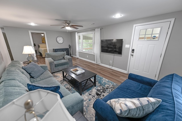 living room featuring ceiling fan and wood-type flooring