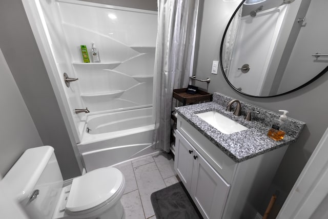 full bathroom with shower / bath combo, vanity, and toilet