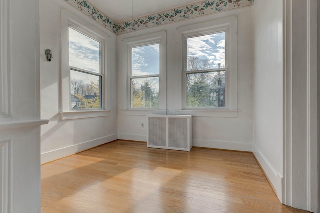 unfurnished room featuring radiator heating unit, light hardwood / wood-style flooring, and a wealth of natural light