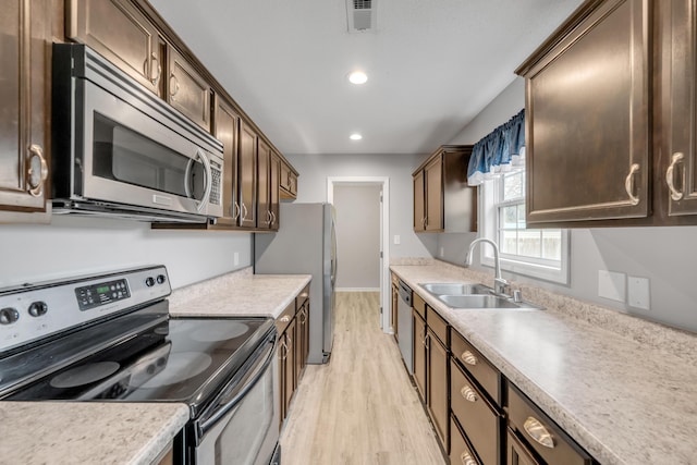 kitchen with sink, light wood-type flooring, and appliances with stainless steel finishes