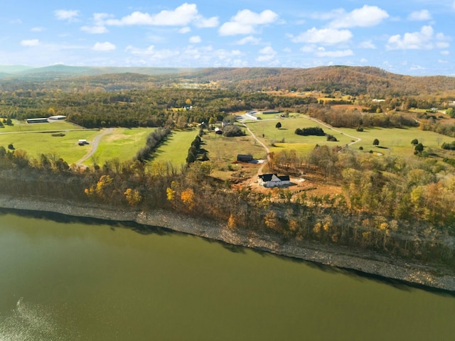 bird's eye view with a water and mountain view