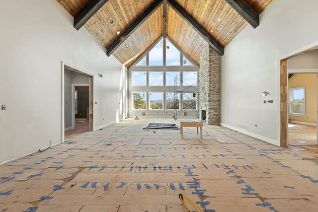 unfurnished living room with beam ceiling, high vaulted ceiling, and wooden ceiling