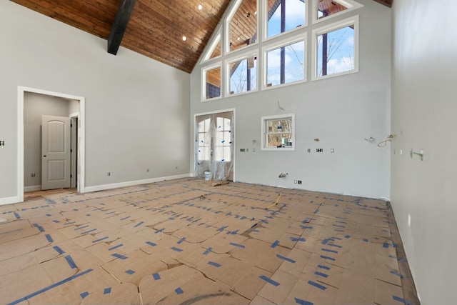 unfurnished living room with beamed ceiling, a healthy amount of sunlight, wooden ceiling, and high vaulted ceiling