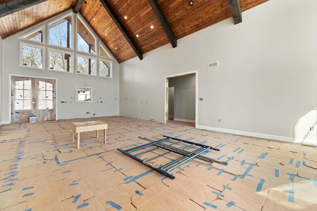 unfurnished living room featuring beamed ceiling, wooden ceiling, tile patterned floors, and high vaulted ceiling