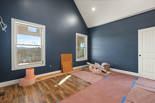 interior space with wood-type flooring and high vaulted ceiling