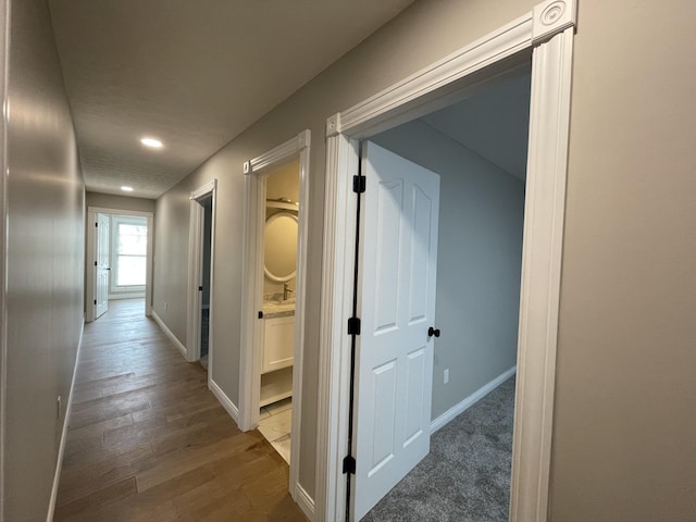 corridor featuring dark hardwood / wood-style flooring